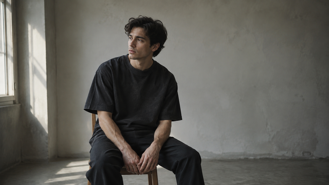 Man in an oversized heavyweight dark T-shirt seated alone in a restrained unfinished room
