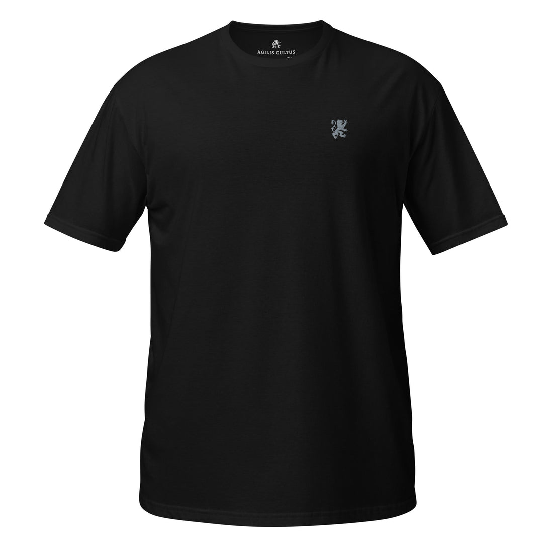 Black fitted mid-heavyweight Agilis Cultus t-shirt featuring subtle crest embroidery and clean, structured silhouette