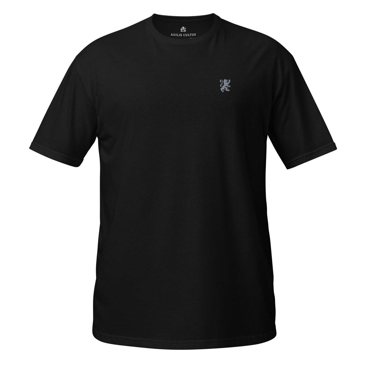 Black fitted mid-heavyweight Agilis Cultus t-shirt featuring subtle crest embroidery and clean, structured silhouette