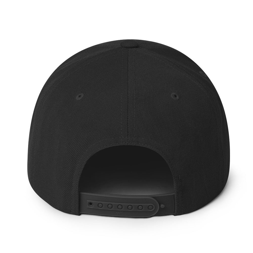 AC Agilis Cultus classic snapback hat in black, back view, adjustable snapback closure, structured crown, minimalist black and white aesthetic