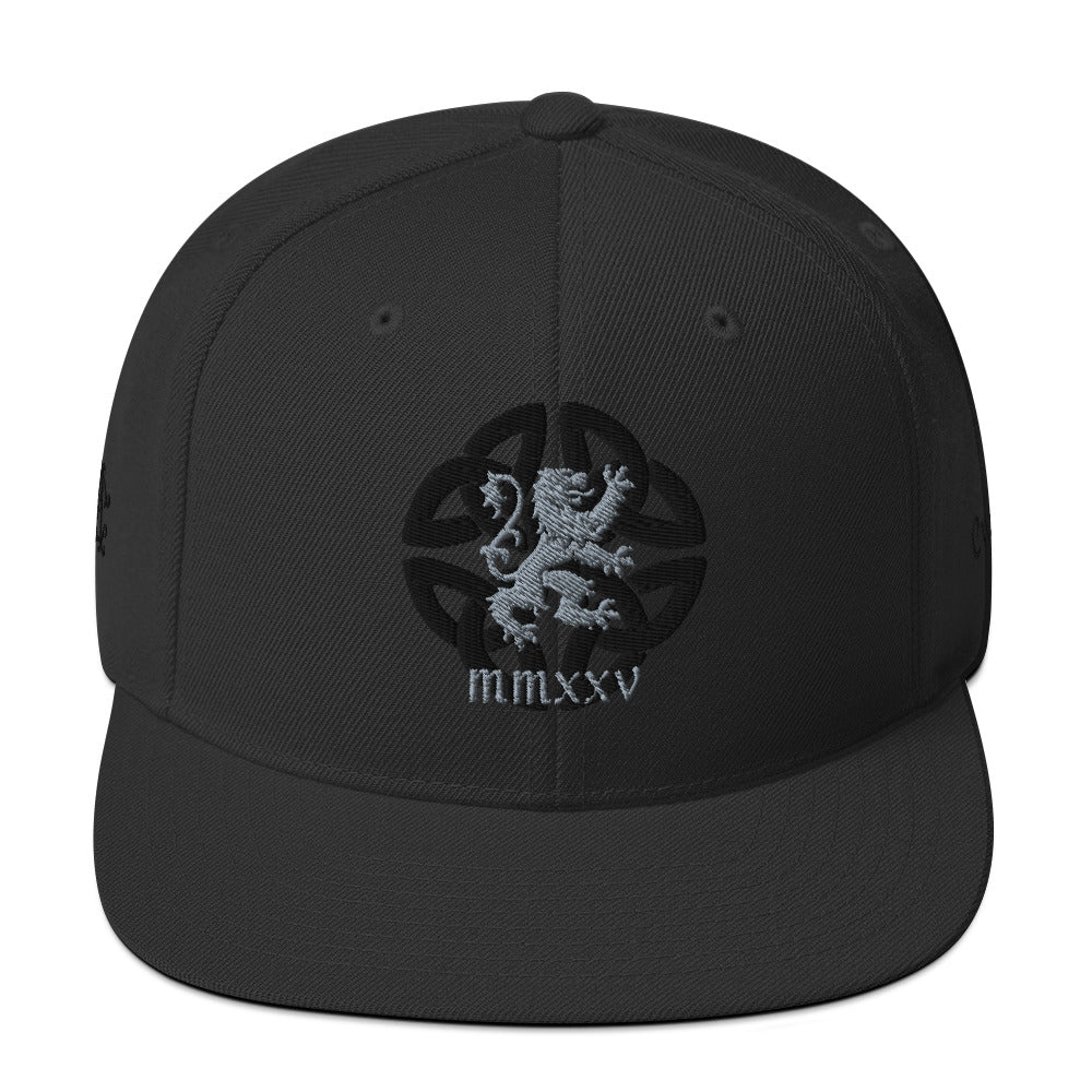 AC Structured Snapback in black — front view, Celtic knot and lion embroidery, by Agilis Cultus
