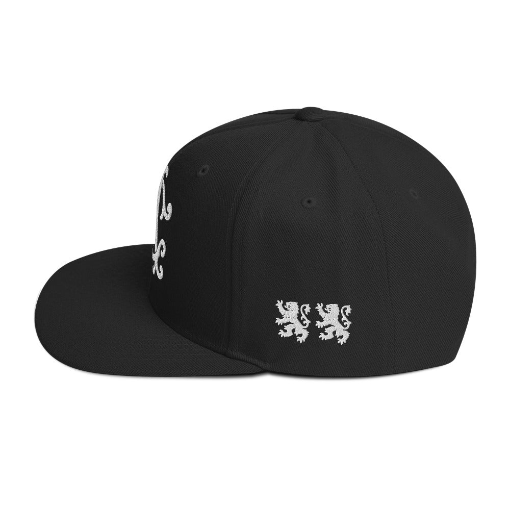 AC Agilis Cultus classic snapback hat in black, left side view, structured crown with flat brim, adjustable snapback closure, minimalist black and white aesthetic