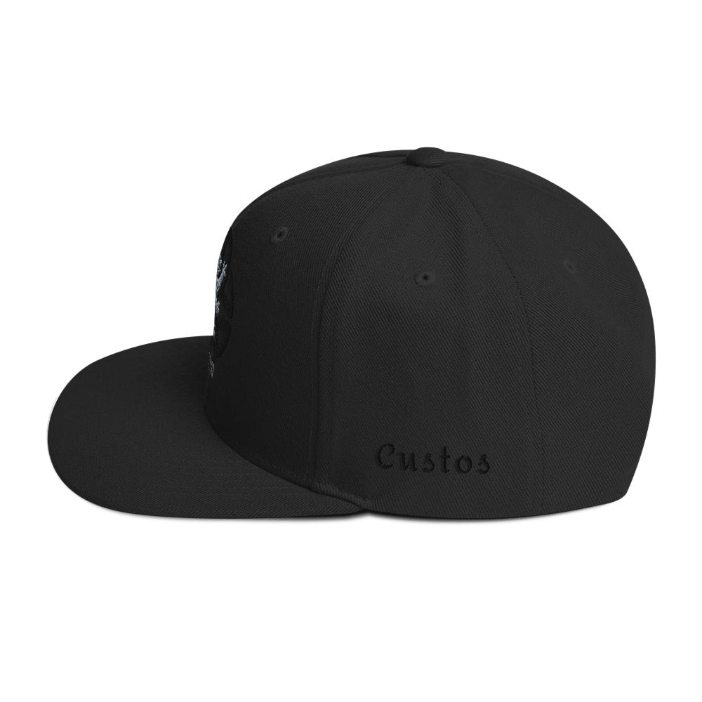 AC Structured Snapback in black — left side view, Celtic knot and lion embroidery, structured fit, by Agilis Cultus