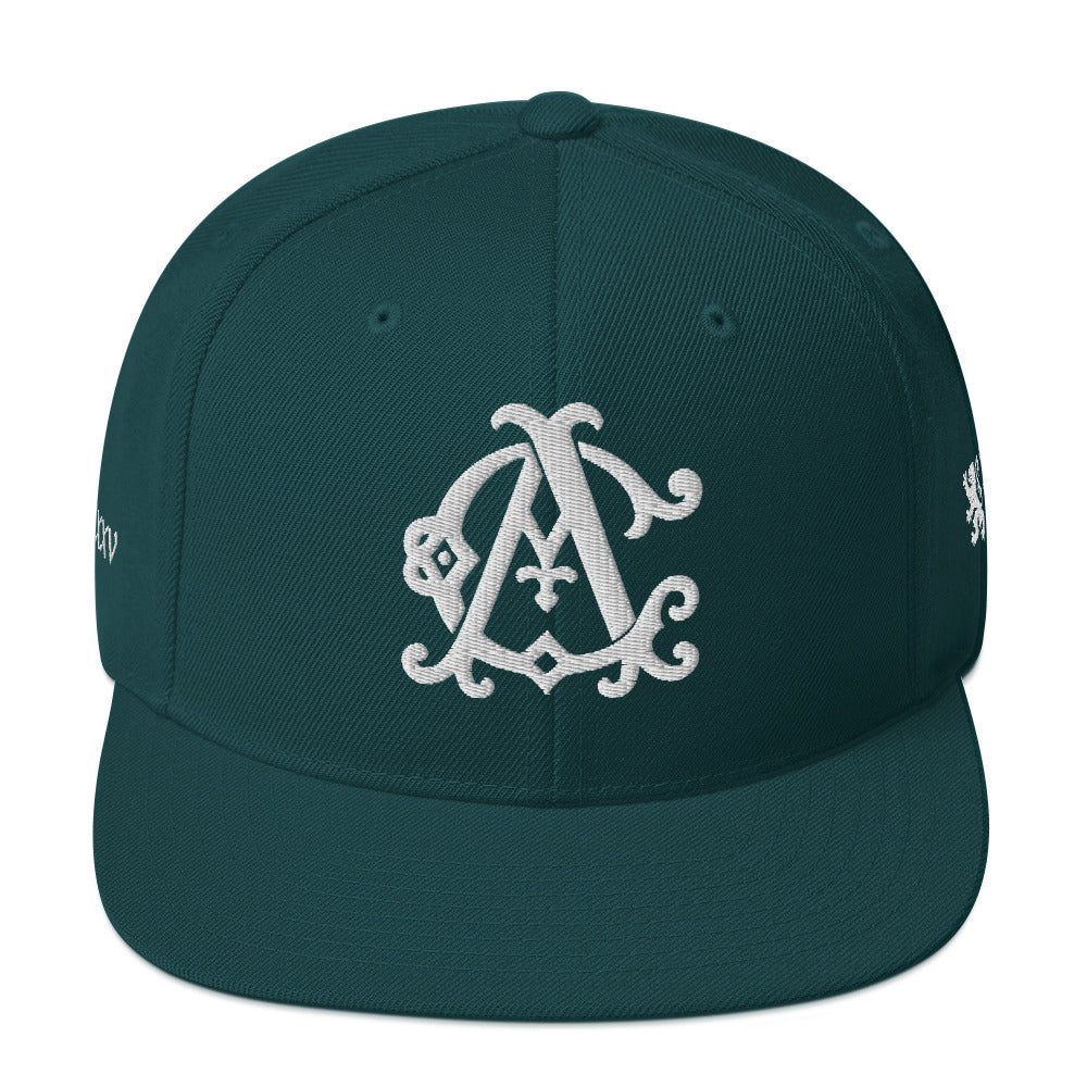 AC Agilis Cultus classic snapback hat in spruce green, front view, structured crown with flat brim, adjustable snapback closure, minimalist black and white aesthetic