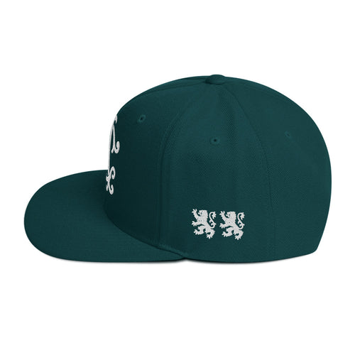 AC Agilis Cultus classic snapback hat in spruce green, left side view, structured crown with flat brim, adjustable snapback closure, minimalist black and white aesthetic